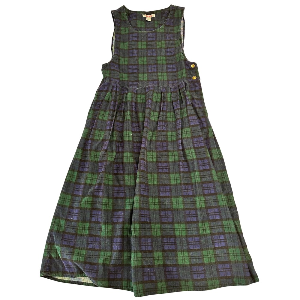Fads Vintage 80s 90s Green Navy Plaid Corduroy Pinafore Jumper Dress Small